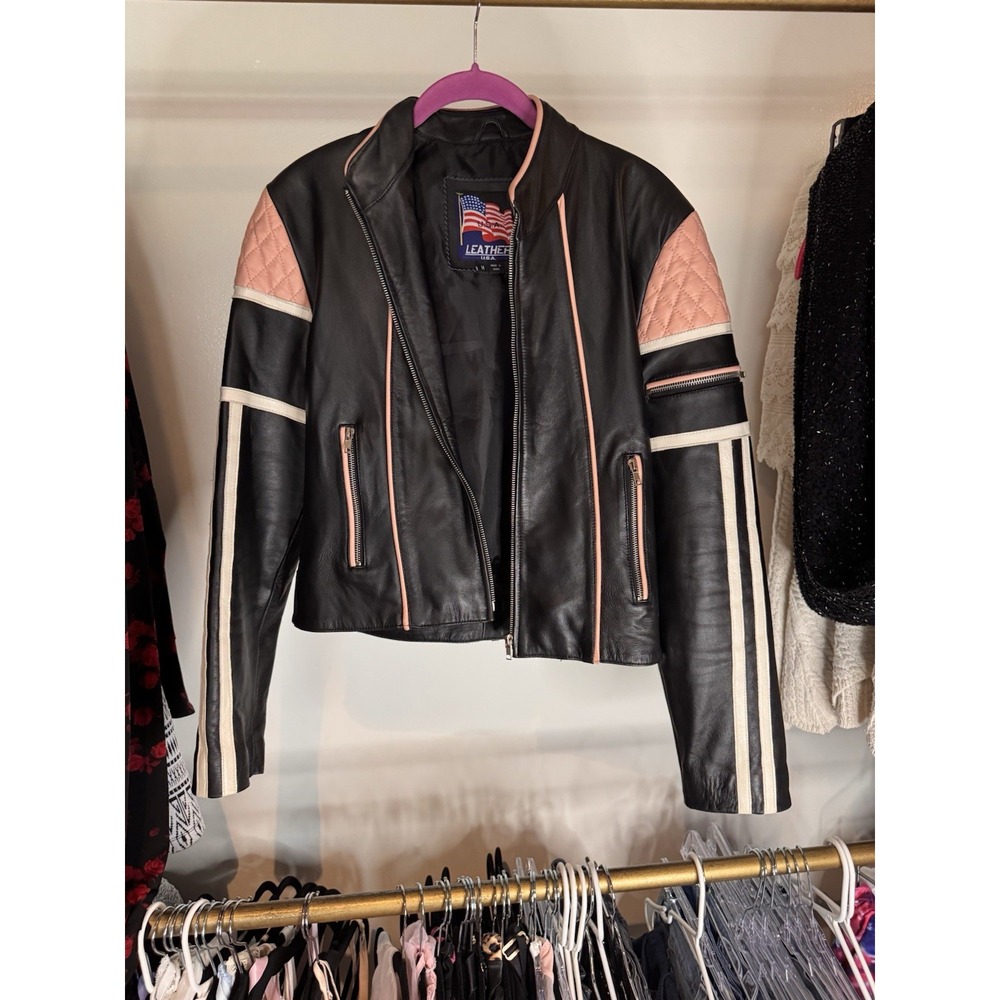 Leather Jacket Women's By Leather Usa Black Pink White‎ Stripe Vintage Size M